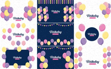 Happy Birthday text with a hand-drawn. cartoon style and colorful balloon illustrations