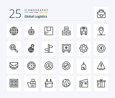 Global Logistics 25 Line icon pack including transport. deliver. honor. bus. transportation