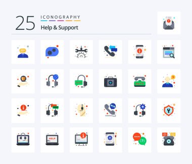 Help And Support 25 Flat Color icon pack including phone. mobile. maintenance. information. support