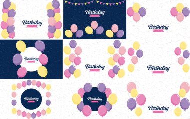 Happy Birthday in a playful. bubbly font with a background of balloons and party streamers