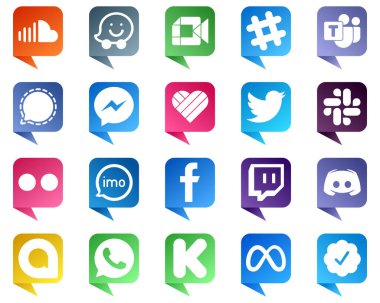 20 High Quality Chat bubble style Social Media Icons such as twitter. fb. microsoft team. facebook and icons. Professional and high definition