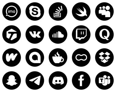 20 Unique White Social Media Icons on Black Background such as twitch. sound. stock. soundcloud and tagged icons. Elegant and minimalist