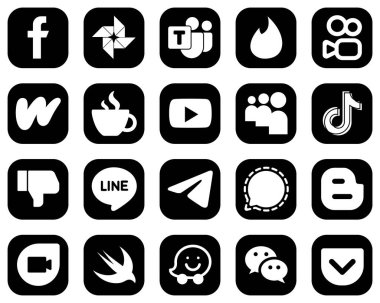 20 High-Quality White Social Media Icons on Black Background such as douyin. myspace. wattpad and video icons. Customizable and unique