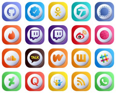 Cute 3D Gradient Icons for Popular Social Media 20 pack such as kakao talk. sound. twitch and soundcloud icons. Modern and High-Quality
