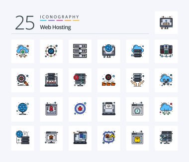 Web Hosting 25 Line Filled icon pack including internet. database. datacenter. web. internet