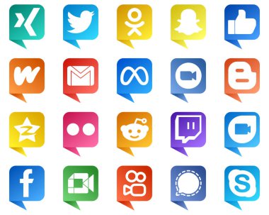 20 Professional Chat bubble style Social Media Icons such as video. literature. zoom and meta icons. High quality and creative