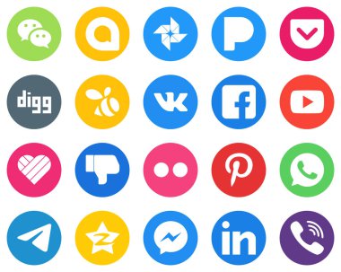 20 High-quality White Icons flickr. dislike. vk. likee and youtube Flat Circle Backgrounds