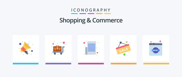 Shopping Commerce Flat Pictogrampakket Inclusief Website Ontdekkingsreiziger Boodschappenlijst Verkoop Label — Stockvector