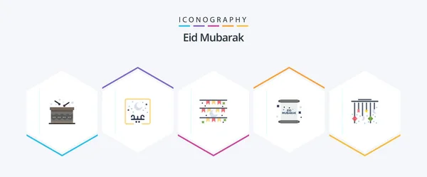 Eid Mubarak Flat Icon Pack Including Mubarak Invitation Moon Card — Stock vektor