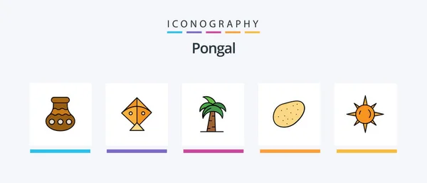 Pongal Line Filled Icon Pack Including Coconut Festival Growth Kite — Vettoriale Stock