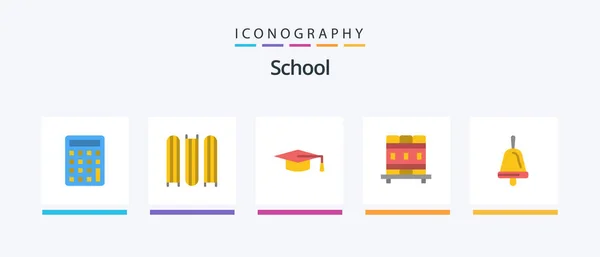 Escuela Plana Paquete Iconos Incluyendo Sombrero Graduación Escuela Campana Diseño — Vector de stock