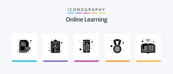 Online Learning Glyph Icon Pack Including Podcast Book Mobile Education — ストックベクタ