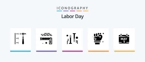 День Труда Glyph Icon Pack Включая Инженера Рабочая Рука Уровень — стоковый вектор