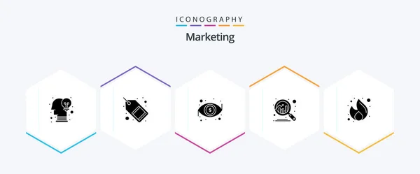 Marketing Glyphe Icône Pack Compris Feu Découvrir Étiquette Vente Graphique — Image vectorielle