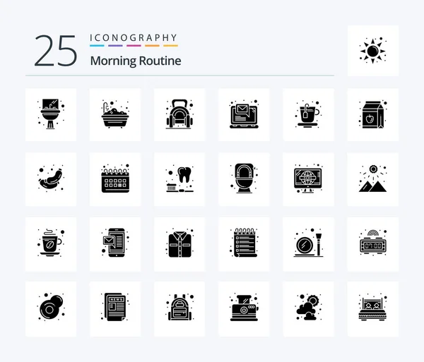 Morning Routine Solid Glyph Icon Pack Including Cup Laptop Exercise —  Vetores de Stock