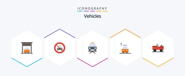 Vehicles Flat Icon Pack Including Van Military Car Power Charge — Stock vektor