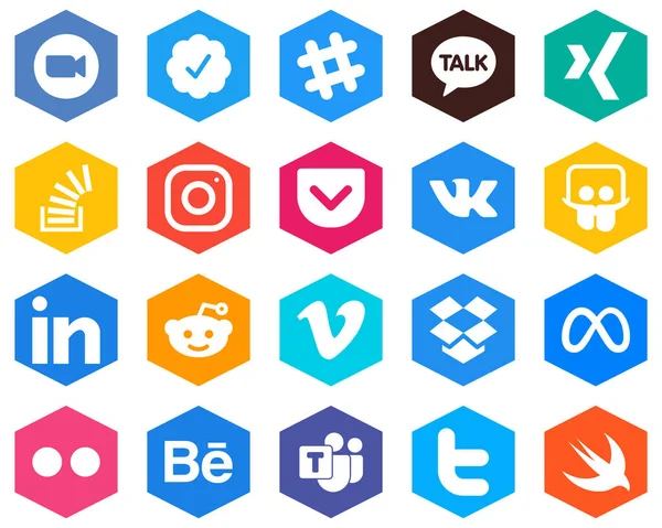 Hexagon Flat Color White Icon Pack Slideshare Pocket Stockoverflow Instagram — Stock Vector