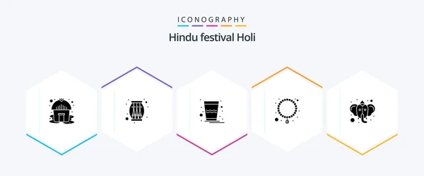 Pack Icône Holi Glyphe Incluant Hindouisme Ganesha Verre Croyances Collier — Image vectorielle