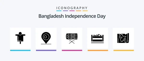 Bangladesh Independence Day Glyph Icon Pack Including Map Bangla Instrument — Stockvector