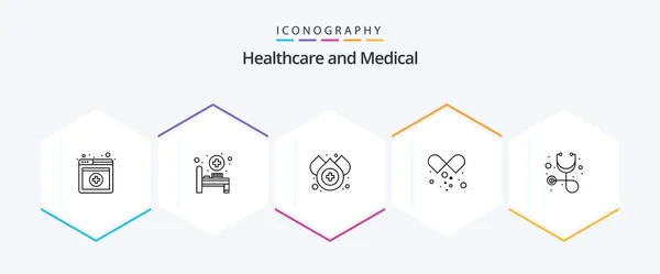 Medical Line Icon Pack Including Stethoscope Water Healthcare Open Capsule — Vetor de Stock