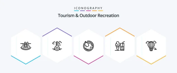 Tourism Outdoor Recreation Line Icon Pack Including Air Juice Globe — Stockvektor