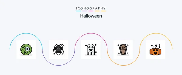 Halloween Line Filled Flat Icon Pack Including Funeral Coffin Monster — Stock Vector