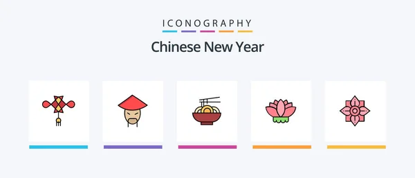 Čínský Nový Rok Řádek Vyplněno Icon Pack Včetně Čínského Jídla — Stockový vektor