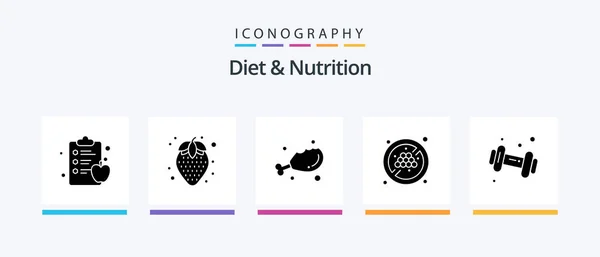 Diet Och Nutrition Glyph Icon Pack Inklusive Kondition Mat Hantel — Stock vektor