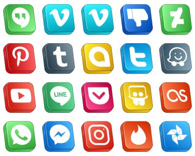 Isometric 3D Social Media Brand Icon Set 20 icons such as lastfm. pocket. google allo. line and youtube icons. High-resolution and editable