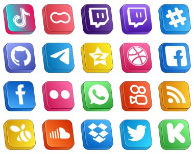 Isometric 3D Icons of Top Social Media 20 pack such as dribbble. tencent. twitch. qzone and messenger icons. Clean and professional