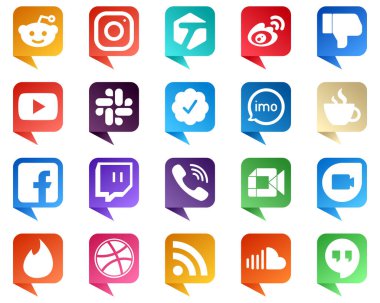 20 Modern Chat bubble style Social Media Icons such as video. imo. twitter verified badge and video icons. Minimalist and customizable