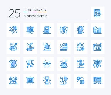 Business Startup 25 Blue Color icon pack including head. dollar. projector. circle. bulb