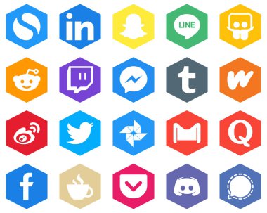 Hexagon Flat Color White Icon Collection sina. messenger. weibo and wattpad 20 High-quality Icons