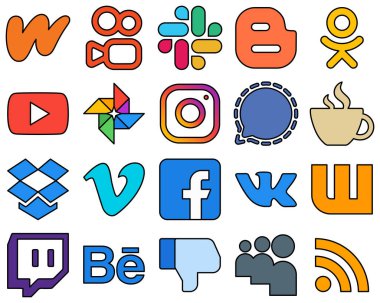 20 Unique Line Filled Social Media Icons such as streaming. video and mesenger High-Resolution and Professional