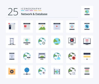 Network And Database 25 Flat Color icon pack including hosting. data. storage. data