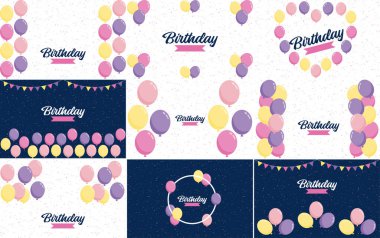 Happy Birthday in a playful. bubbly font with a background of balloons and party streamers