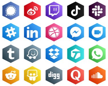 25 Fresh White Icons such as dribbble. linkedin. tiktok and spotify icons. Hexagon Flat Color Backgrounds