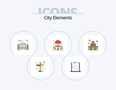City Elements Flat Icon Pack 5 Icon Design. station. building. gate. sitting table. drinking