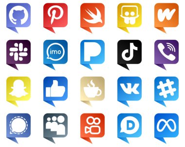 Chat bubble style Social Media Brand Icons 20 pack such as viber. china. audio. video and tiktok icons. Fully editable and professional