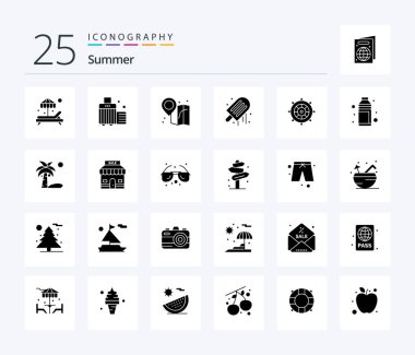 Summer 25 Solid Glyph icon pack including steering the boat. holiday. location. beach. ice cream