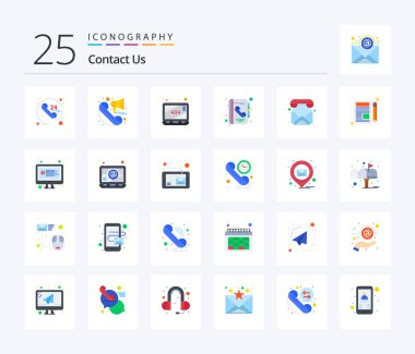 Contact Us 25 Flat Color icon pack including phone. contacts. error. call. book