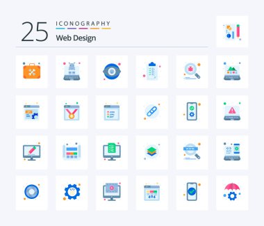 Web Design 25 Flat Color icon pack including search. bug. creativity. ok. checkmark
