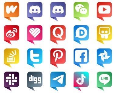 Chat bubble style Icons for Major Social Media 20 pack such as disqus. quora. youtube. likee and china icons. Clean and minimalist