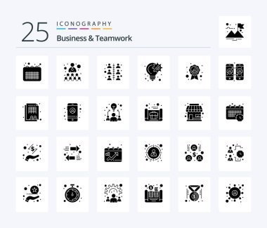 Business And Teamwork 25 Solid Glyph icon pack including call forwarding. quality badge. work. badge. planning