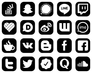 20 Attractive White Social Media Icons on Black Background such as imo. line. china and weibo icons. High-quality and creative
