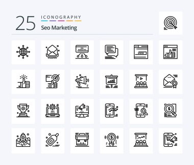 Seo Marketing 25 Line icon pack including messages. chat. inbox. meeting. presentation