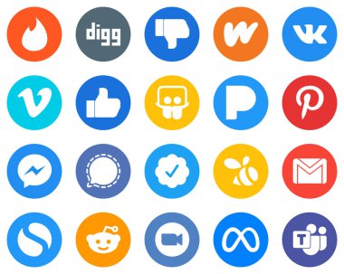 20 Düz Daire Sosyal Medya Simgeleri sinyali. Facebook 'ta. video. Haberci ve Pandora Beyaz Arkaplan