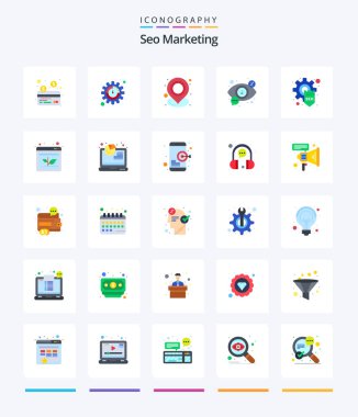 Yaratıcı Seo Pazarlama 25 Düz simge paketi, optimizasyon gibi. vizyon. Harita. Manzara. aranıyor