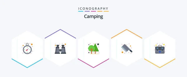 Camping Flat Icon Pack Inclusief Eerst Boom Een Noodgeval Mes — Stockvector