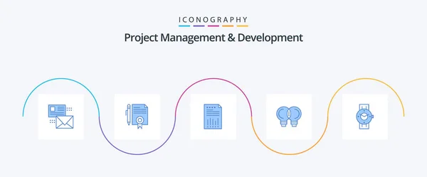 Project Management Ontwikkeling Blue Pictogram Pack Inclusief Idee Papier Documenten — Stockvector